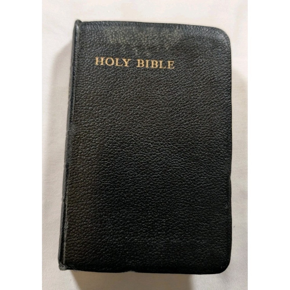 Vintage 1955 Collins KJV Holy Bible Gem Type Pocket Size Black Leatherette